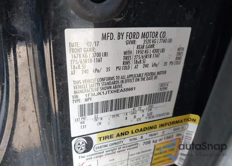 2017 Ford Expedition El Xlt z USA, uszkodzony, nr VIN 1FMJK1JTXHEA55661